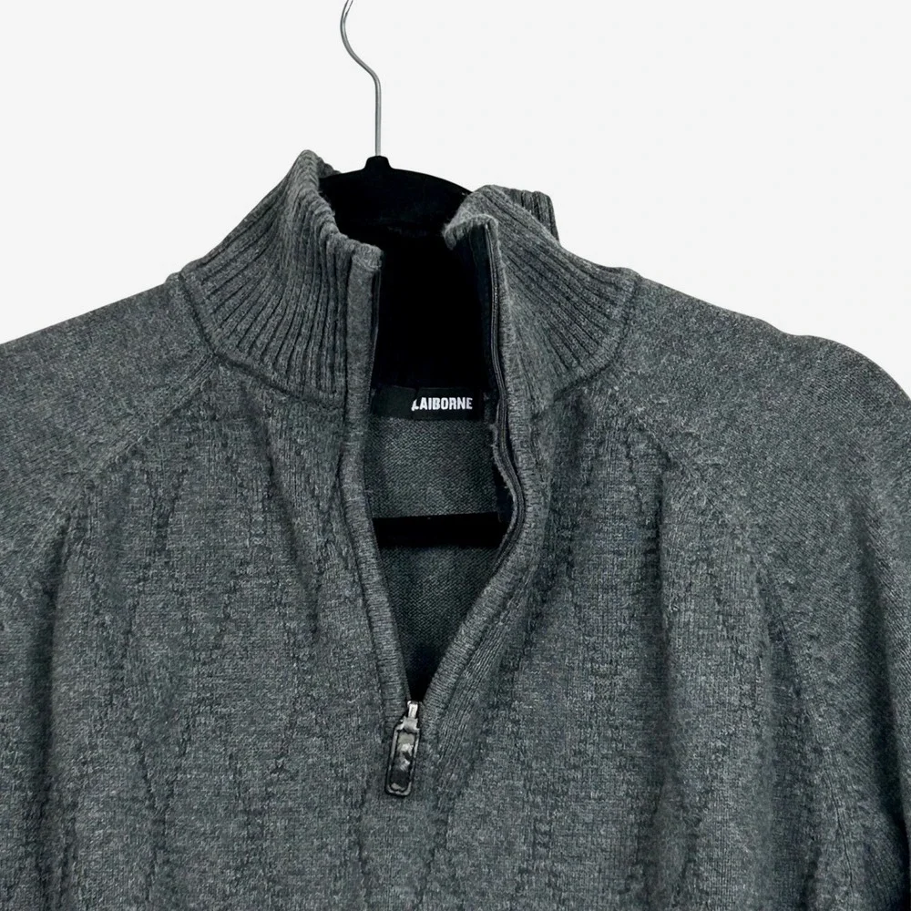 Claiborne‎ Quarter Zip Sweater Mens Large Gray Diamond Textured Knit Pullover